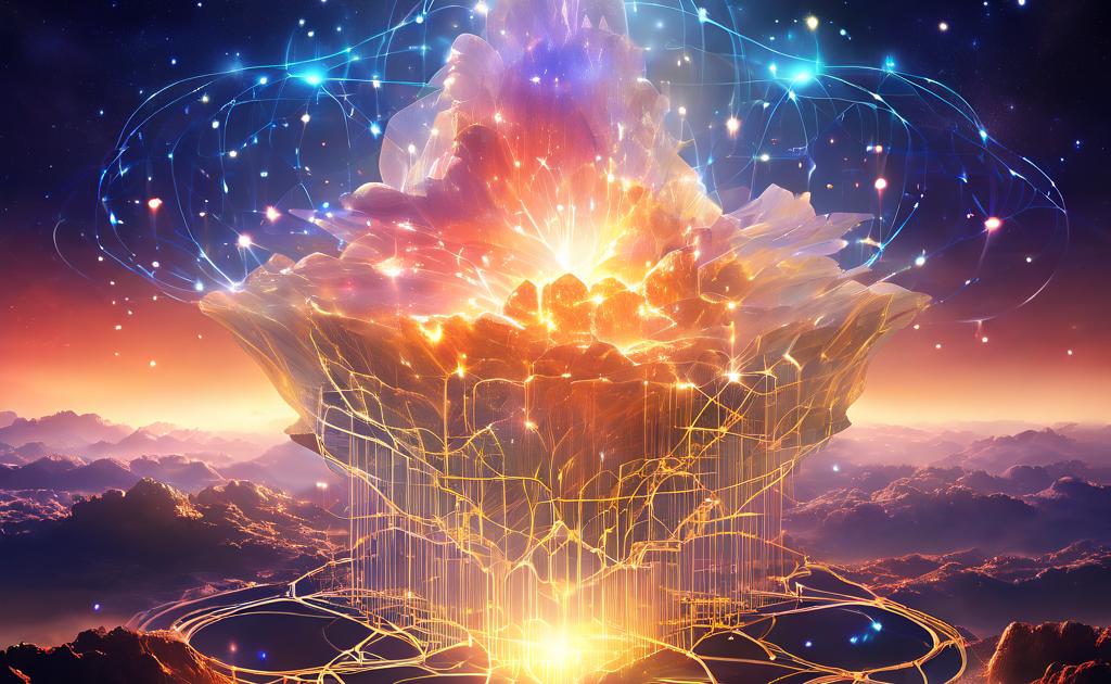 계층적 디지털 네트워크가 우주적 데이터 구름에서 탄생하는 모습으로, Celestia DA 레이어의 핵심 구조와 기원을 상징적으로 표현한 개념 이미지입니다.