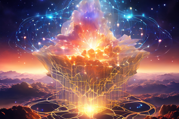 계층적 디지털 네트워크가 우주적 데이터 구름에서 탄생하는 모습으로, Celestia DA 레이어의 핵심 구조와 기원을 상징적으로 표현한 개념 이미지입니다.