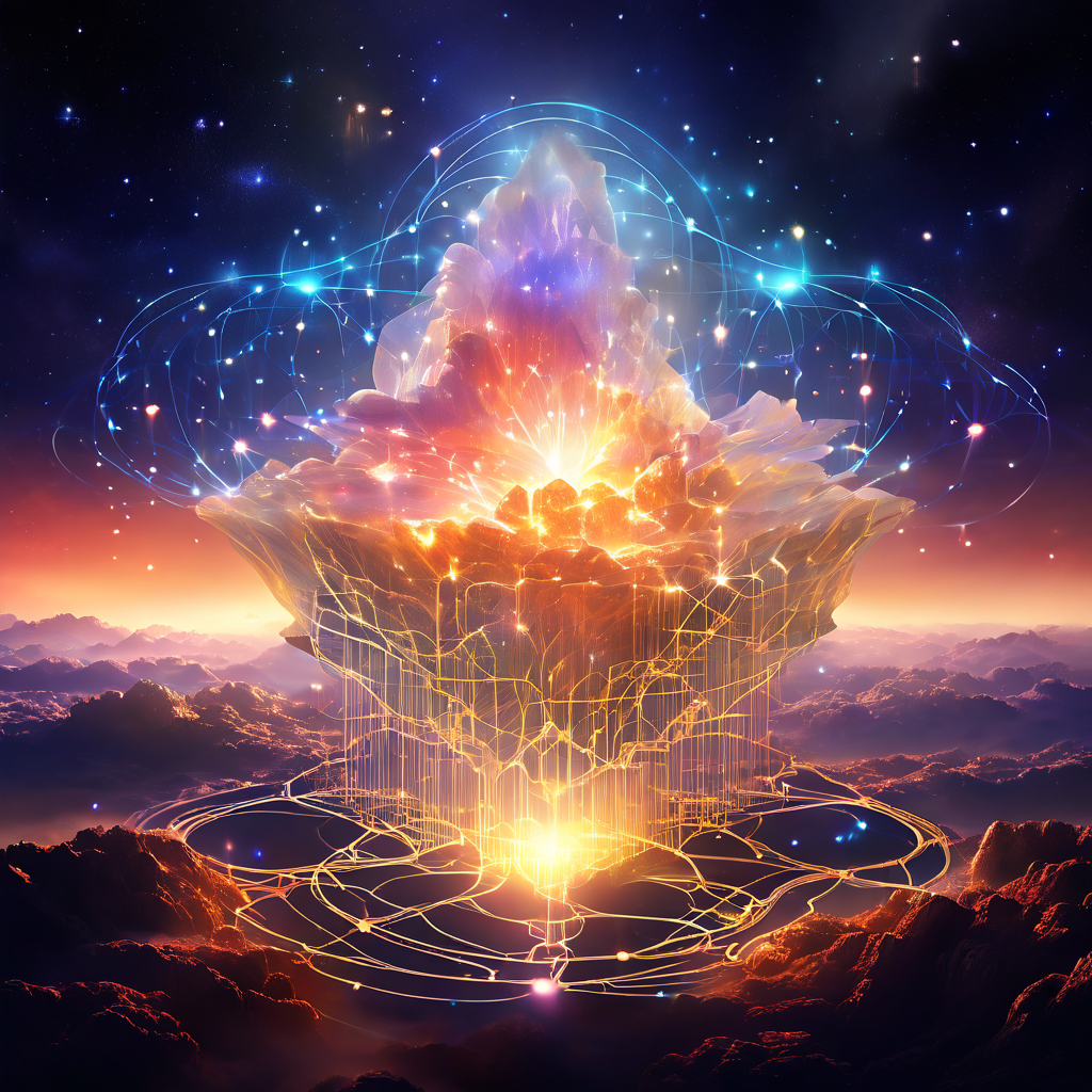 계층적 디지털 네트워크가 우주적 데이터 구름에서 탄생하는 모습으로, Celestia DA 레이어의 핵심 구조와 기원을 상징적으로 표현한 개념 이미지입니다.