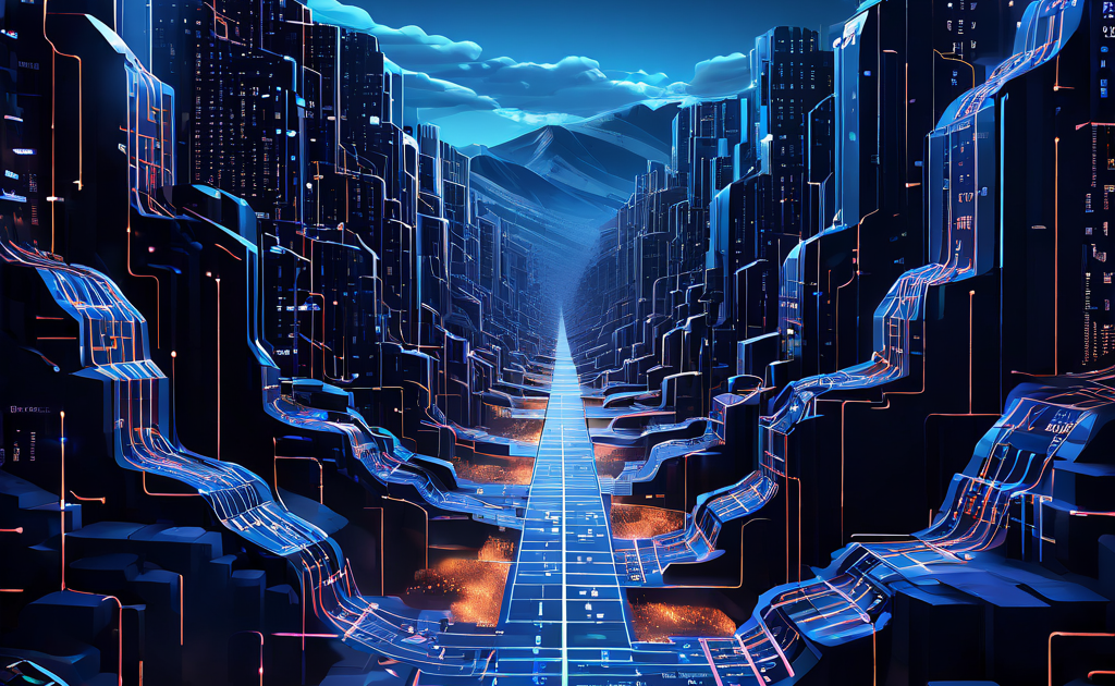 단일 블록체인 네트워크의 확장성 한계를 비유적으로 묘사한 이미지로, 정체된 하나의 도로에서 데이터 패킷들이 병목 현상을 겪으며 목적지로 원활히 이동하지 못하는 모습을 보여줍니다.