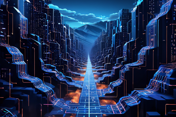 단일 블록체인 네트워크의 확장성 한계를 비유적으로 묘사한 이미지로, 정체된 하나의 도로에서 데이터 패킷들이 병목 현상을 겪으며 목적지로 원활히 이동하지 못하는 모습을 보여줍니다.