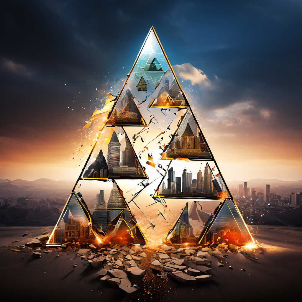 확장성 한계를 상징적으로 표현한 이미지로, 커다란 삼각형이 갈라지며 그 안에서 비즈니스 아이콘들이 쏟아져 나오는 모습을 보여줍니다.