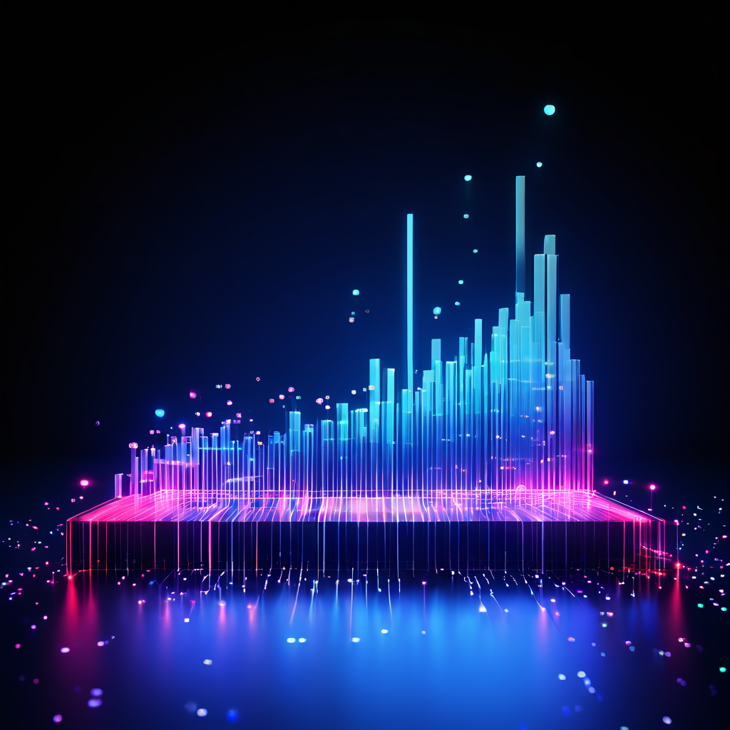 3D 막대 그래프에서 시그니처 데이터의 과도한 용량을 확인할 수 있으며 민감한 정보가 빛나는 입자 형태로 누출되는 보안 취약점을 시각화한 이미지입니다.