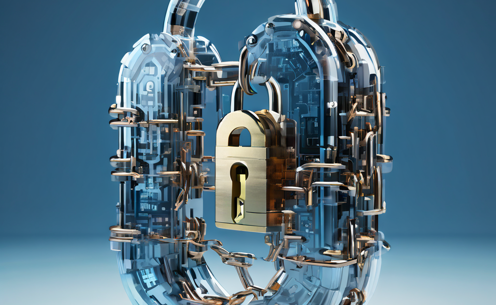 데이터 과부하로 인해 쇠사슬이 끊어지며 균열이 가는 디지털 자물쇠가 거대한 투명 데이터 블록의 흐름을 견디지 못하고 있는 모습을 상징적으로 표현한 이미지입니다.