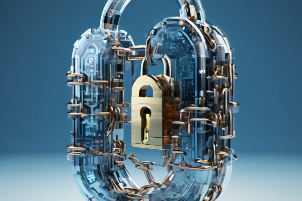 데이터 과부하로 인해 쇠사슬이 끊어지며 균열이 가는 디지털 자물쇠가 거대한 투명 데이터 블록의 흐름을 견디지 못하고 있는 모습을 상징적으로 표현한 이미지입니다.