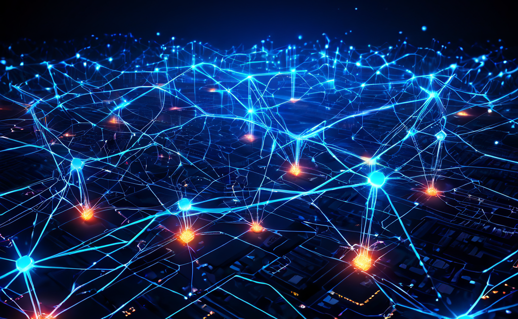 블록체인 네트워크의 한 구간에서 발생한 결함과 데이터 지연 현상을 시각적으로 표현한 이미지로, 디지털 시스템의 취약점과 네트워크 안정성의 중요성을 보여줍니다.