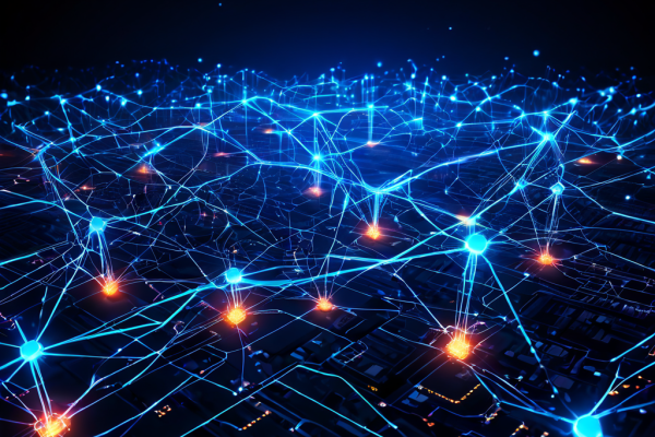 블록체인 네트워크의 한 구간에서 발생한 결함과 데이터 지연 현상을 시각적으로 표현한 이미지로, 디지털 시스템의 취약점과 네트워크 안정성의 중요성을 보여줍니다.