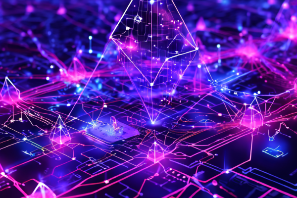 이더리움의 확장성 솔루션을 설명하는 전략적 로드맵 다이어그램으로, 샤드 체인이 메인 체인에서 분기되어 연결되고 블롭 데이터 스트림이 빛나는 정보 패킷 형태로 각 샤드에 유입되는 구조를 시각화한 이미지입니다.