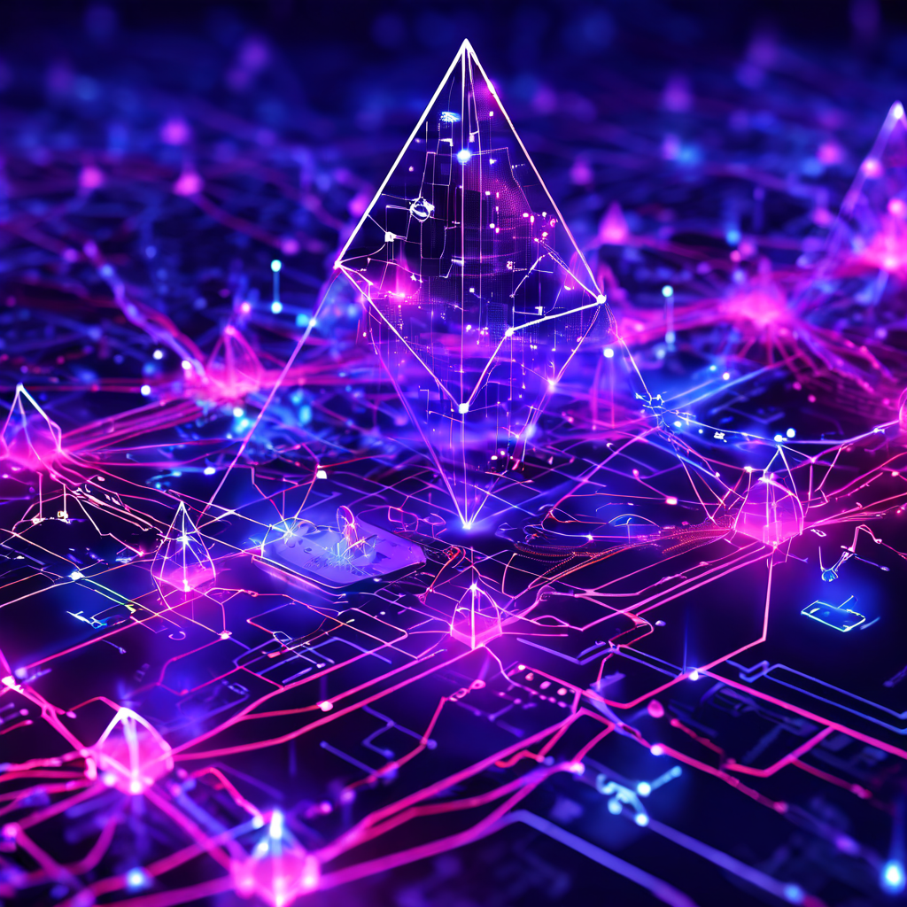 이더리움의 확장성 솔루션을 설명하는 전략적 로드맵 다이어그램으로, 샤드 체인이 메인 체인에서 분기되어 연결되고 블롭 데이터 스트림이 빛나는 정보 패킷 형태로 각 샤드에 유입되는 구조를 시각화한 이미지입니다.