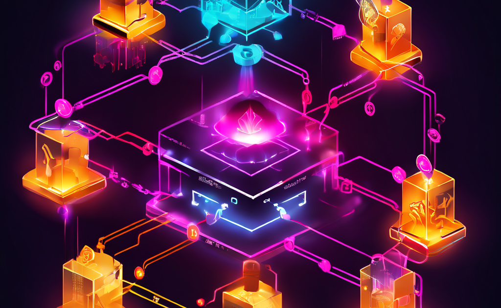 블록체인 네트워크에서 토큰 보유자가 블록 생산자에게 투표하고 그 결과가 새로운 블록으로 생성되어 빛나는 체인에 추가되는 거버넌스 및 합의 과정을 시각적으로 설명한 플로우차트입니다.