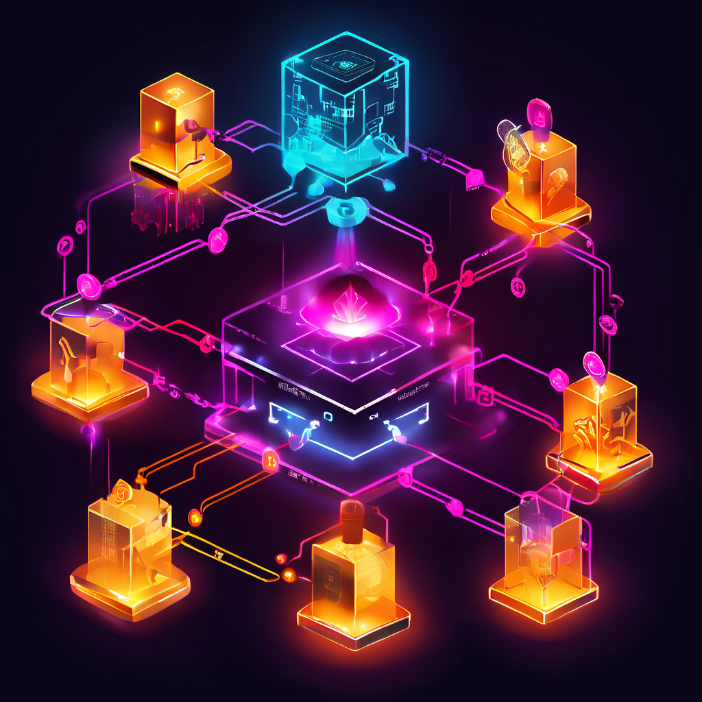 블록체인 네트워크에서 토큰 보유자가 블록 생산자에게 투표하고 그 결과가 새로운 블록으로 생성되어 빛나는 체인에 추가되는 거버넌스 및 합의 과정을 시각적으로 설명한 플로우차트입니다.