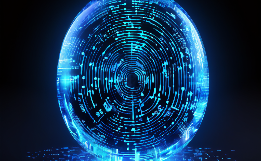 사이버 공간에 떠 있는 데이터 파일의 진위를 증명하는 고유한 알파벳과 숫자로 이루어진 코드와 빛나는 디지털 지문이 불가침의 인증 도장 역할을 하고 있는 모습을 나타냅니다.