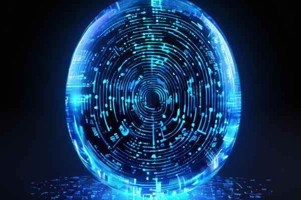 사이버 공간에 떠 있는 데이터 파일의 진위를 증명하는 고유한 알파벳과 숫자로 이루어진 코드와 빛나는 디지털 지문이 불가침의 인증 도장 역할을 하고 있는 모습을 나타냅니다.