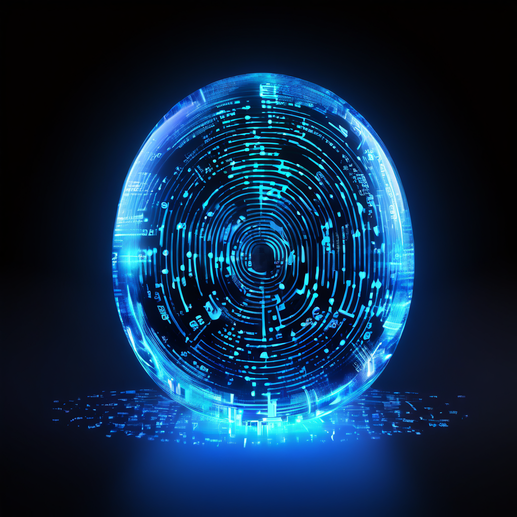 사이버 공간에 떠 있는 데이터 파일의 진위를 증명하는 고유한 알파벳과 숫자로 이루어진 코드와 빛나는 디지털 지문이 불가침의 인증 도장 역할을 하고 있는 모습을 나타냅니다.