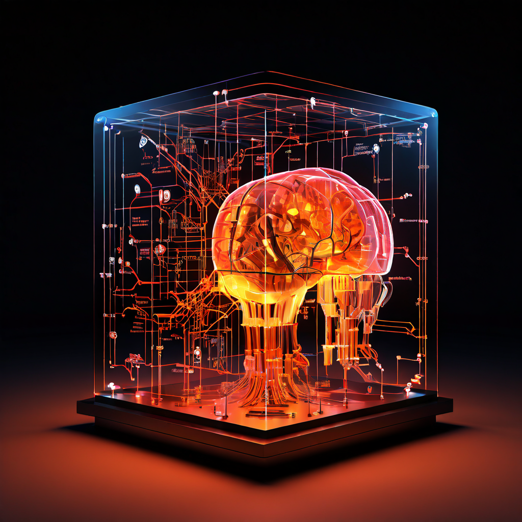해부학적 도식이 겹쳐진 복잡한 발광 기계와 단순한 정육면체의 대비를 통해 시스템의 정교함과 단순함을 시각적으로 설명하는 이미지입니다.