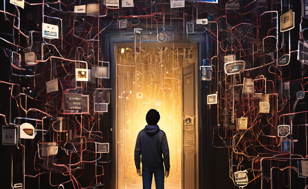 웹3 진입을 방해하는 복잡한 디지털 키와 쇠사슬의 장벽 앞에서, 지갑과 시드 구문으로 가득한 혼란스러운 인터페이스를 바라보며 당황하는 사용자의 모습을 담은 이미지입니다.