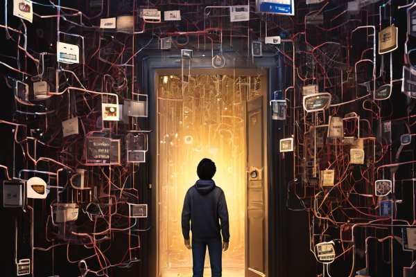 웹3 진입을 방해하는 복잡한 디지털 키와 쇠사슬의 장벽 앞에서, 지갑과 시드 구문으로 가득한 혼란스러운 인터페이스를 바라보며 당황하는 사용자의 모습을 담은 이미지입니다.