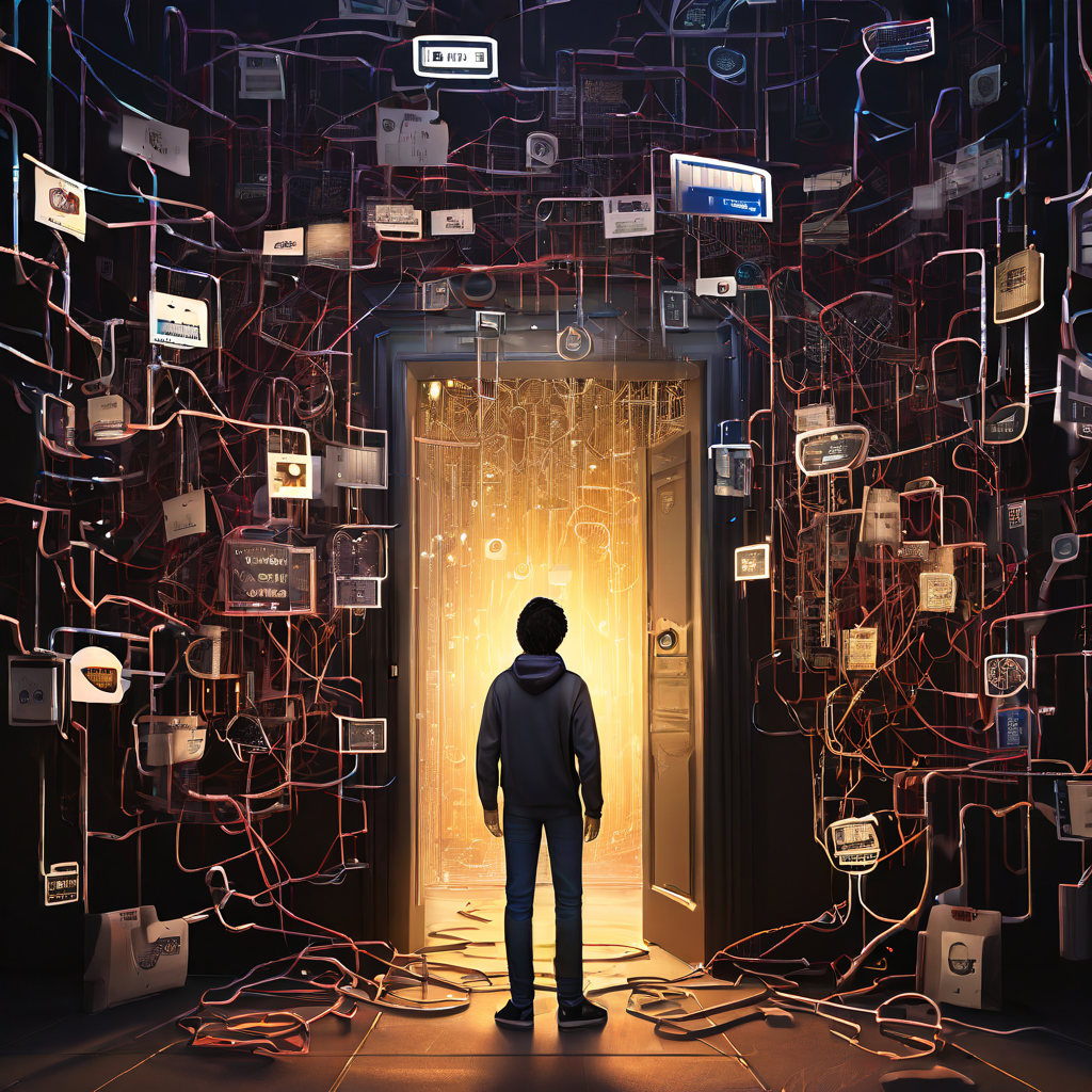 웹3 진입을 방해하는 복잡한 디지털 키와 쇠사슬의 장벽 앞에서, 지갑과 시드 구문으로 가득한 혼란스러운 인터페이스를 바라보며 당황하는 사용자의 모습을 담은 이미지입니다.