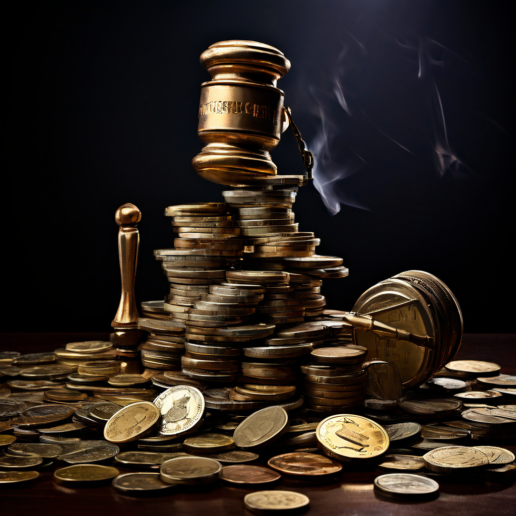 고정된 가스 수수료라는 라벨이 붙은 높게 쌓인 동전 더미가 무너지며 깨진 경매용 망치와 함께 비효율적인 가격 결정 모델의 문제점을 상징적으로 표현하고 있습니다.