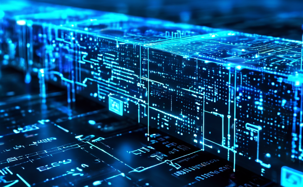 사이버 공간에 떠 있는 빛나는 디지털 원장에 '상태 변경' 기록이 투명하게 연결된 블록체인 블록들에 영구적으로 새겨지는 모습을 보여주는 이미지입니다.