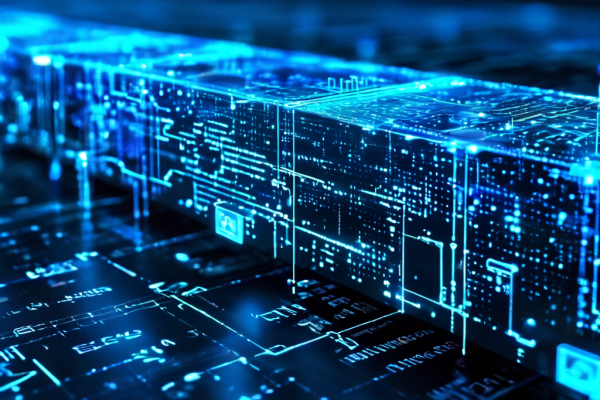 사이버 공간에 떠 있는 빛나는 디지털 원장에 '상태 변경' 기록이 투명하게 연결된 블록체인 블록들에 영구적으로 새겨지는 모습을 보여주는 이미지입니다.