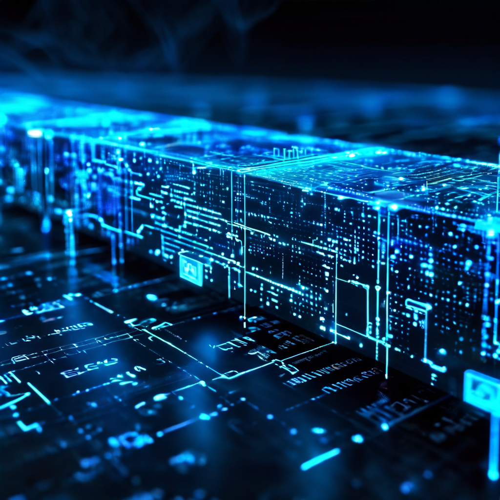 사이버 공간에 떠 있는 빛나는 디지털 원장에 '상태 변경' 기록이 투명하게 연결된 블록체인 블록들에 영구적으로 새겨지는 모습을 보여주는 이미지입니다.