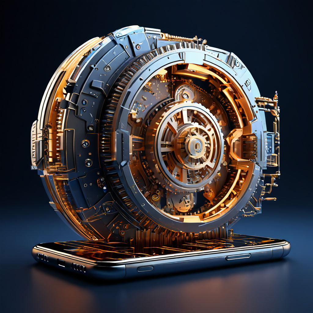 스마트폰이 복잡한 미래형 금고로 변형되며 기어와 디지털 데이터 흐름이 뿜어져 나와, 프로그래밍 가능한 스마트 계정으로의 패러다임 전환을 상징적으로 표현한 이미지입니다.