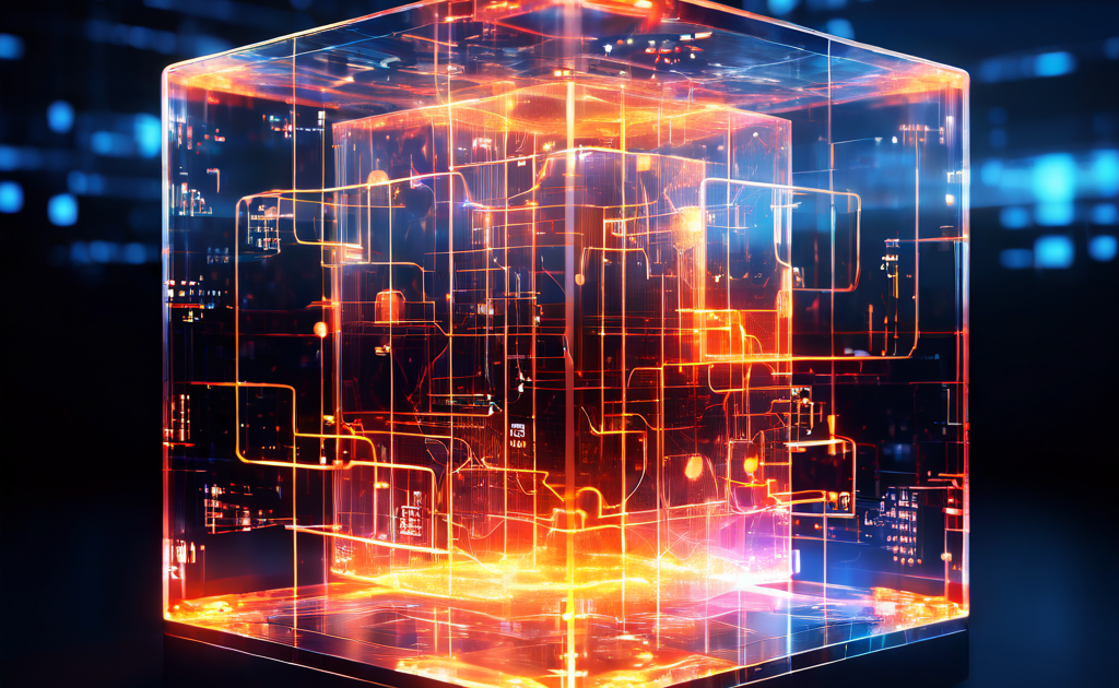 데이터 네트워크의 핵심을 상징하는 투명한 디지털 큐브가 열쇠로 해제되며 복잡하게 연결된 데이터 흐름이 펄럭이는 빛과 함께 무한히 확장되는 개념을 시각화한 이미지입니다.