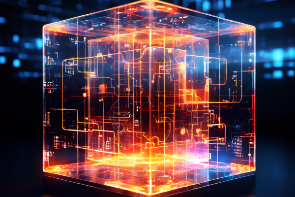 데이터 네트워크의 핵심을 상징하는 투명한 디지털 큐브가 열쇠로 해제되며 복잡하게 연결된 데이터 흐름이 펄럭이는 빛과 함께 무한히 확장되는 개념을 시각화한 이미지입니다.