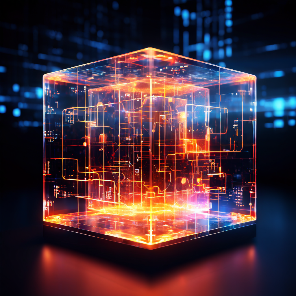 데이터 네트워크의 핵심을 상징하는 투명한 디지털 큐브가 열쇠로 해제되며 복잡하게 연결된 데이터 흐름이 펄럭이는 빛과 함께 무한히 확장되는 개념을 시각화한 이미지입니다.