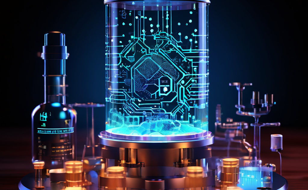 블록체인 데이터의 핵심 구조를 과학적으로 분석하는 과정을 시각화한 이미지로, 맥락을 들여다보는 현미경과 실험 도구들이 펄스처럼 뛰는 데이터 층을 검사합니다.