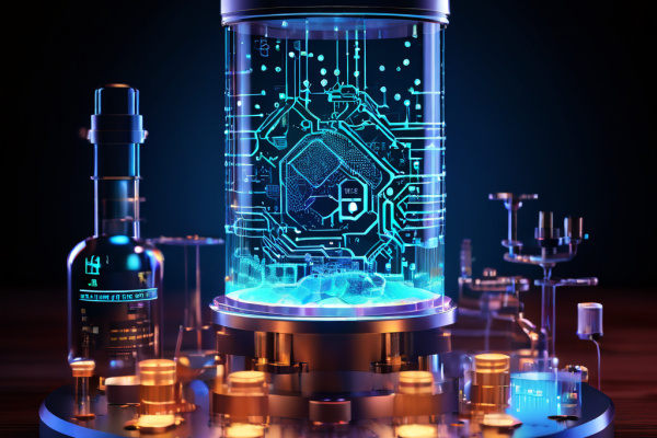 블록체인 데이터의 핵심 구조를 과학적으로 분석하는 과정을 시각화한 이미지로, 맥락을 들여다보는 현미경과 실험 도구들이 펄스처럼 뛰는 데이터 층을 검사합니다.