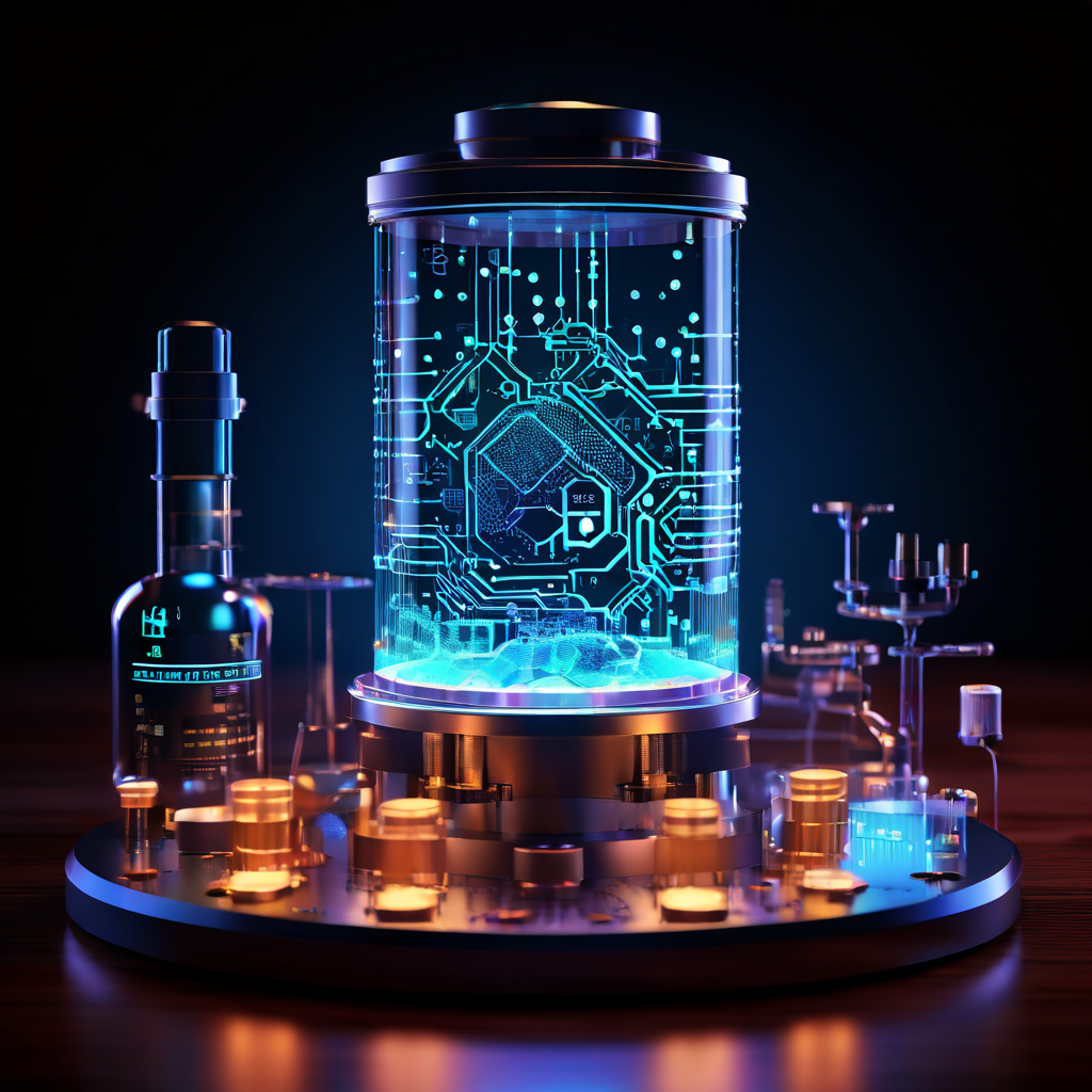 블록체인 데이터의 핵심 구조를 과학적으로 분석하는 과정을 시각화한 이미지로, 맥락을 들여다보는 현미경과 실험 도구들이 펄스처럼 뛰는 데이터 층을 검사합니다.