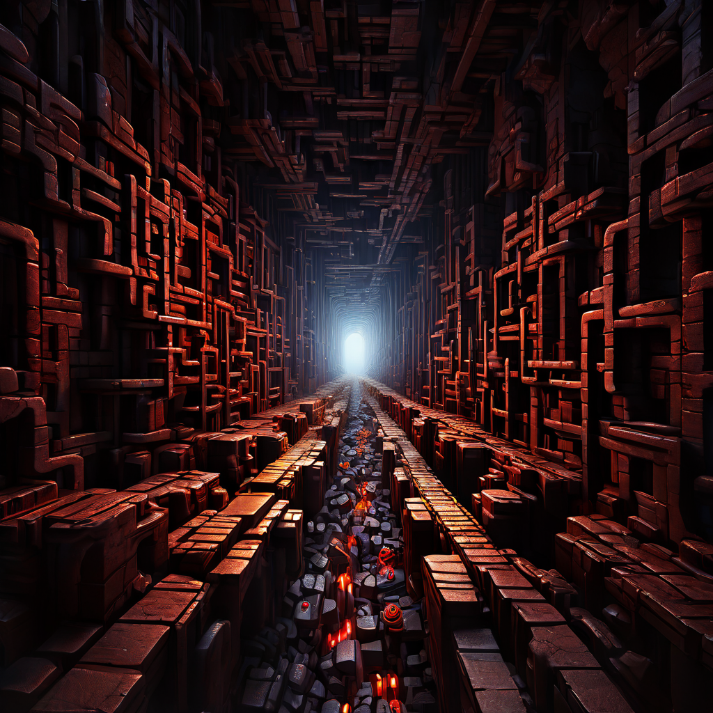 좁은 터널을 통과하는 블록체인 네트워크의 트랜잭션 처리 과정을 시각화한 이미지로, 단일 파일로 연결된 블록들이 정체를 일으키며 병목 현상을 보여줍니다.