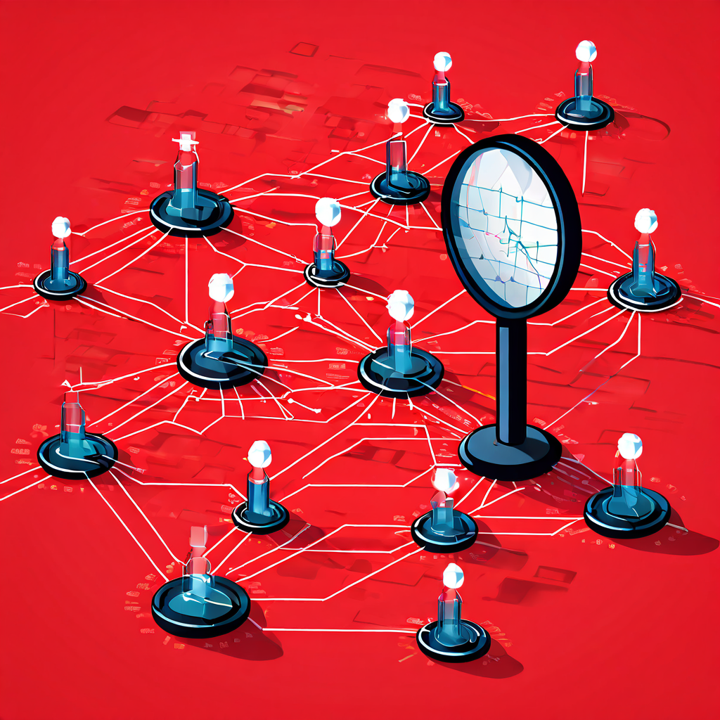 네트워크 성능 분석에서 병목 현상을 진단하는 모습을 보여주며, 데이터 패킷 지연을 유발하는 붉은색 병목 구간을 확대경으로 집중 조명하는 네트워크 맵 다이어그램입니다.