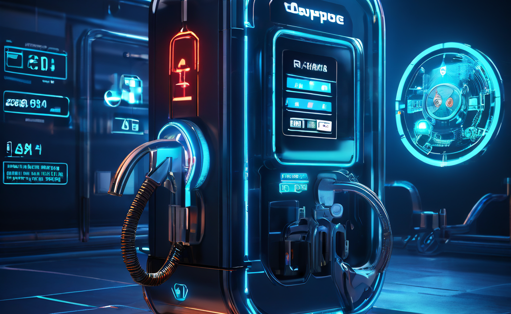 미래형 가스 펌프가 빛나는 열쇠로 변형되어 dApp이라 적힌 디지털 금고를 여는 모습을 배경의 차트와 기어들이 최적화 과정을 함께 보여주는 개념 이미지입니다.