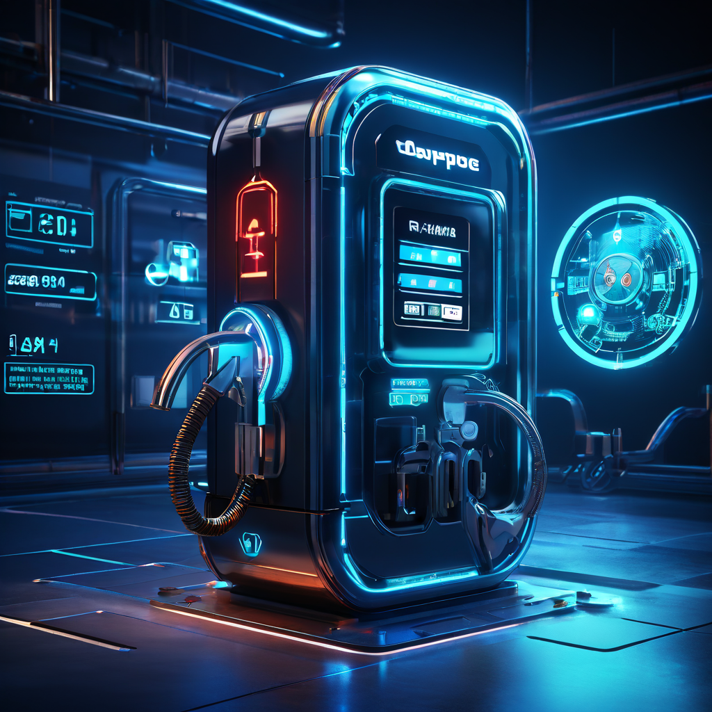 미래형 가스 펌프가 빛나는 열쇠로 변형되어 dApp이라 적힌 디지털 금고를 여는 모습을 배경의 차트와 기어들이 최적화 과정을 함께 보여주는 개념 이미지입니다.