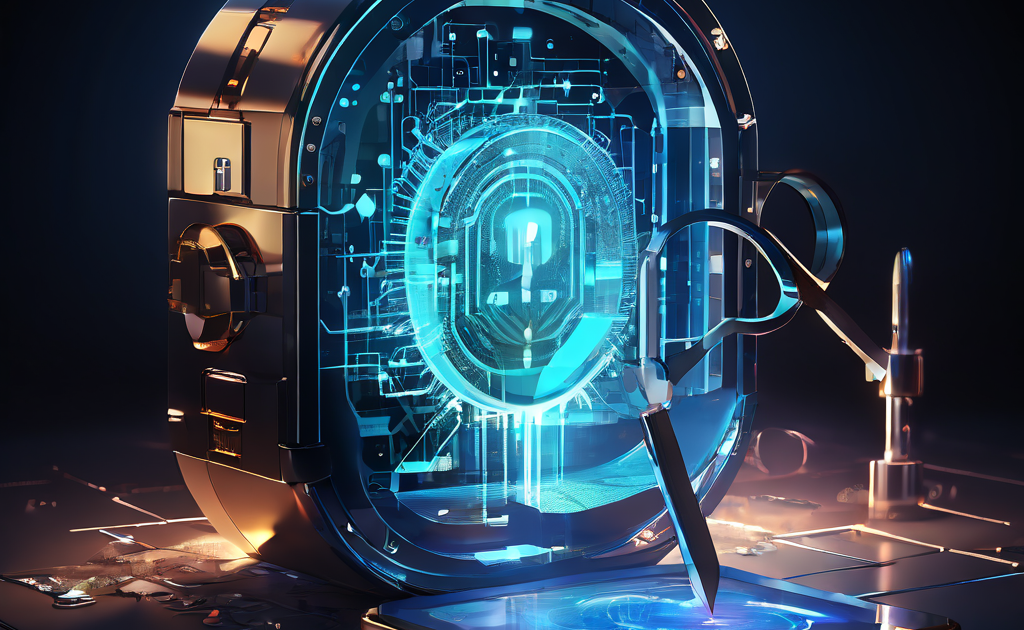 보안이 뚫린 디지털 금고에서 유출되는 빛나는 데이터 스트림과 파손된 보안 프로토콜을 분석하는 돋보기를 통해 사이버 보안 위협과 취약점 점검 개념을 시각화한 이미지입니다.