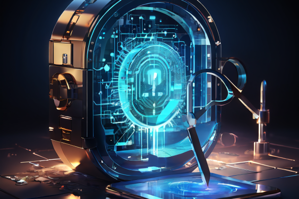 보안이 뚫린 디지털 금고에서 유출되는 빛나는 데이터 스트림과 파손된 보안 프로토콜을 분석하는 돋보기를 통해 사이버 보안 위협과 취약점 점검 개념을 시각화한 이미지입니다.