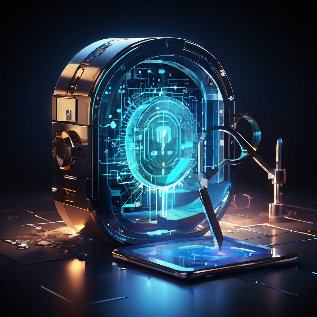 보안이 뚫린 디지털 금고에서 유출되는 빛나는 데이터 스트림과 파손된 보안 프로토콜을 분석하는 돋보기를 통해 사이버 보안 위협과 취약점 점검 개념을 시각화한 이미지입니다.