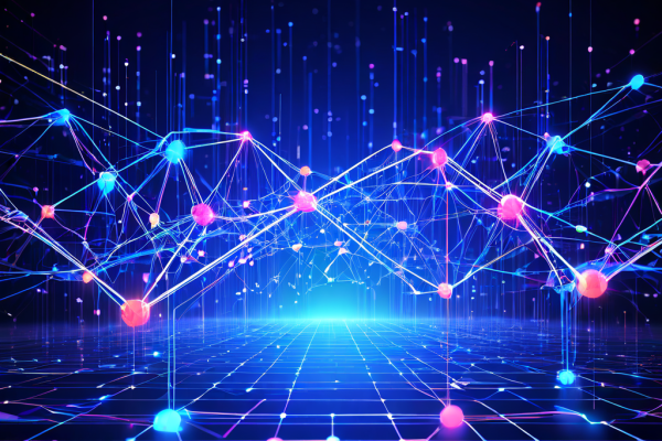 분산화된 노드 네트워크와 기존 웹 인터페이스를 연결하며 데이터 흐름을 상징하는 추상적인 디지털 게이트웨이를 묘사한 개념 이미지입니다.