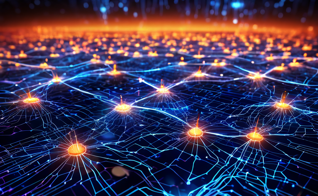 데이터 통신 네트워크의 핵심 개념을 시각화한 이미지로, 여러 노드를 연결하는 선을 따라 빛나는 데이터 패킷이 지속적으로 흐르고 있습니다.