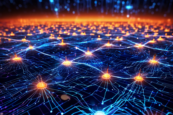 데이터 통신 네트워크의 핵심 개념을 시각화한 이미지로, 여러 노드를 연결하는 선을 따라 빛나는 데이터 패킷이 지속적으로 흐르고 있습니다.