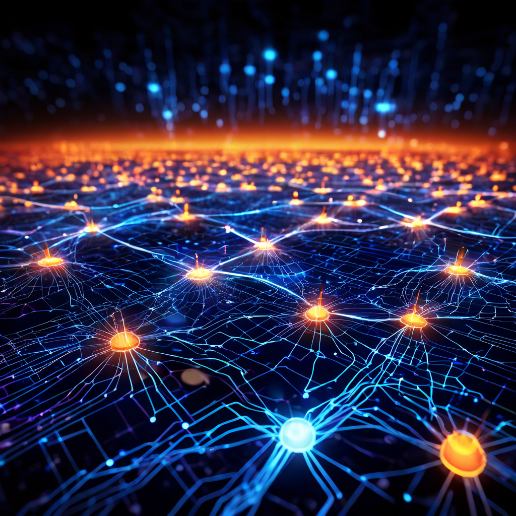 데이터 통신 네트워크의 핵심 개념을 시각화한 이미지로, 여러 노드를 연결하는 선을 따라 빛나는 데이터 패킷이 지속적으로 흐르고 있습니다.