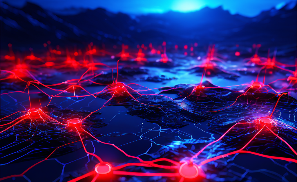 디지털 네트워크 맵에서 정상적인 청색 노드와 구분되지 않으면서도 위협적인 붉은 오라를 은밀하게 내뿜는 노드들이 시스템 내 위험 요소의 은밀한 침투를 시각적으로 표현합니다.