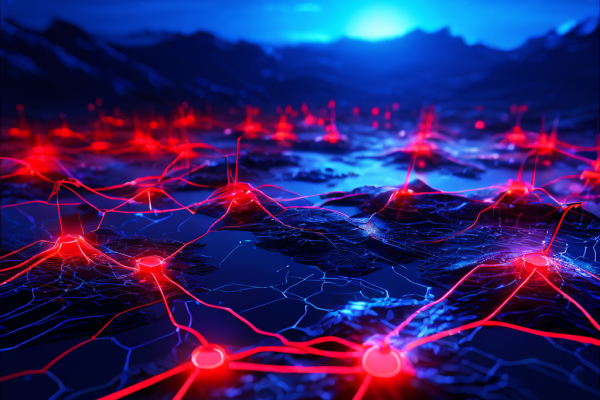 디지털 네트워크 맵에서 정상적인 청색 노드와 구분되지 않으면서도 위협적인 붉은 오라를 은밀하게 내뿜는 노드들이 시스템 내 위험 요소의 은밀한 침투를 시각적으로 표현합니다.