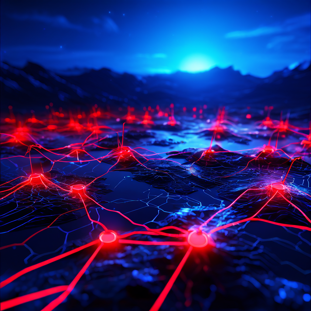 디지털 네트워크 맵에서 정상적인 청색 노드와 구분되지 않으면서도 위협적인 붉은 오라를 은밀하게 내뿜는 노드들이 시스템 내 위험 요소의 은밀한 침투를 시각적으로 표현합니다.