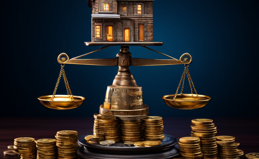 주택 투자와 현금 보유 사이의 위험과 수익 균형을 비유적으로 보여주며, 위험 비중이 증가함에 따라 저울이 위험 쪽으로 기울어지는 모습을 담은 개념 이미지입니다.