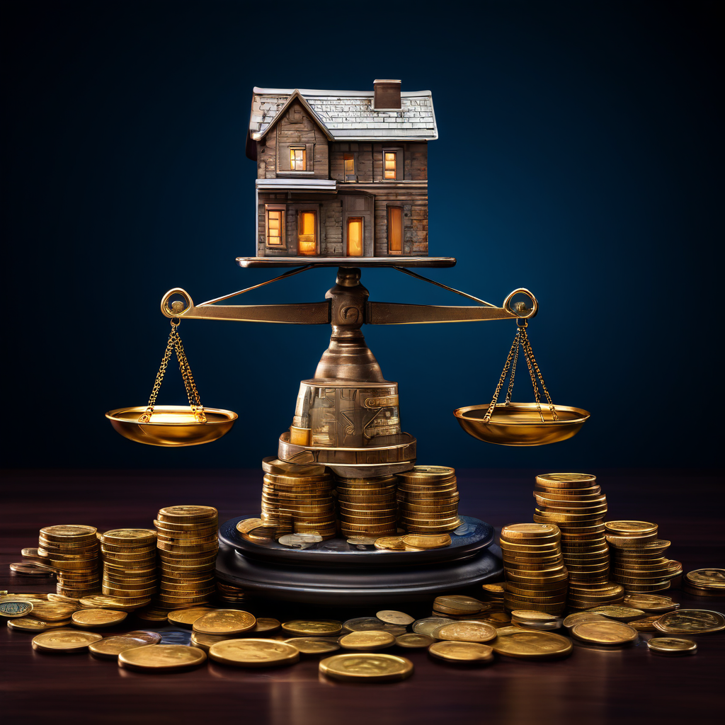 주택 투자와 현금 보유 사이의 위험과 수익 균형을 비유적으로 보여주며, 위험 비중이 증가함에 따라 저울이 위험 쪽으로 기울어지는 모습을 담은 개념 이미지입니다.