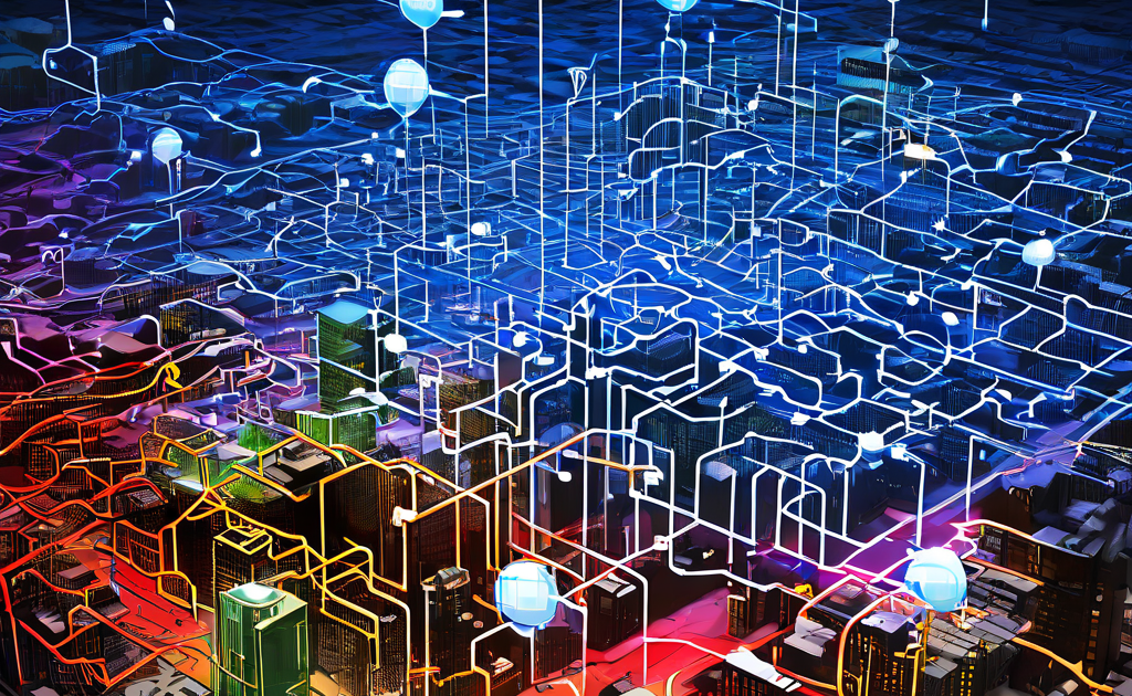 전통적인 위치 기반 웹 지도와 콘텐츠 주소 지정 방식의 분산형 네트워크가 직접 연결되는 모습을 대비하여 보여주는 개념도입니다.